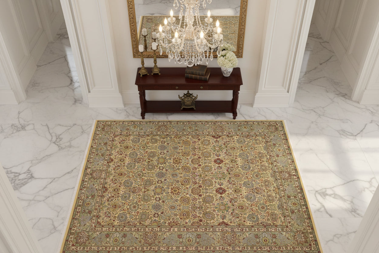 handmade Transitional Tabriz Gold Green Hand Knotted RECTANGLE 100% WOOL area rug 9x12