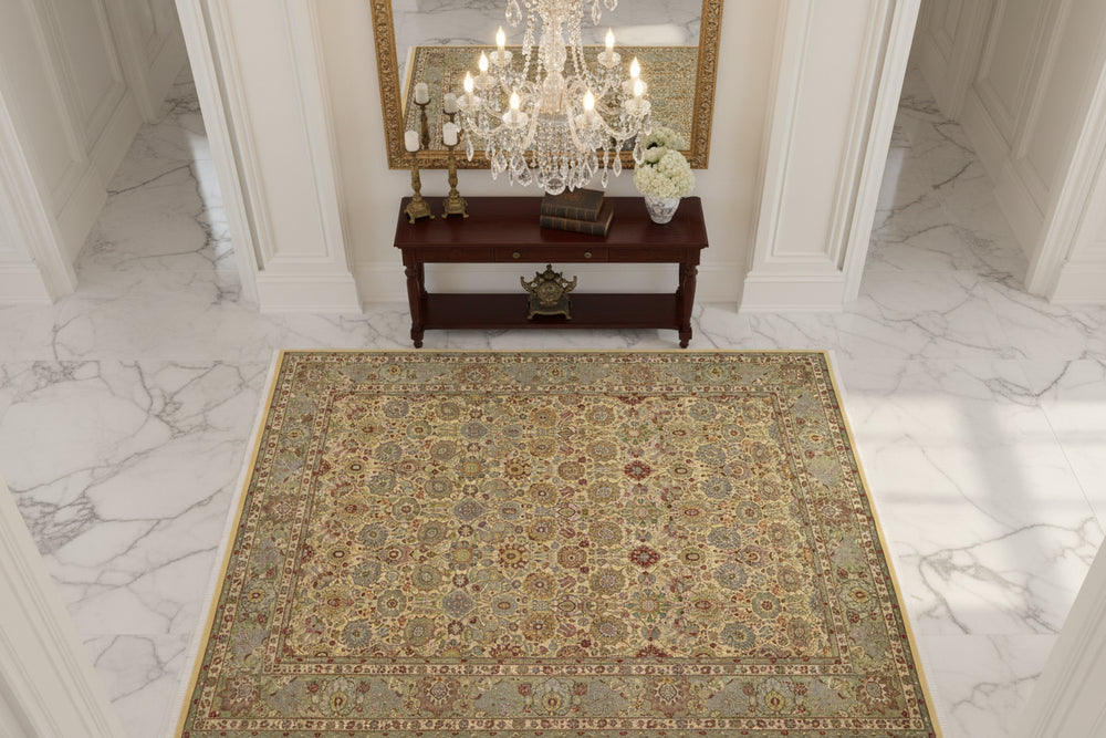 handmade Transitional Tabriz Gold Green Hand Knotted RECTANGLE 100% WOOL area rug 9x12