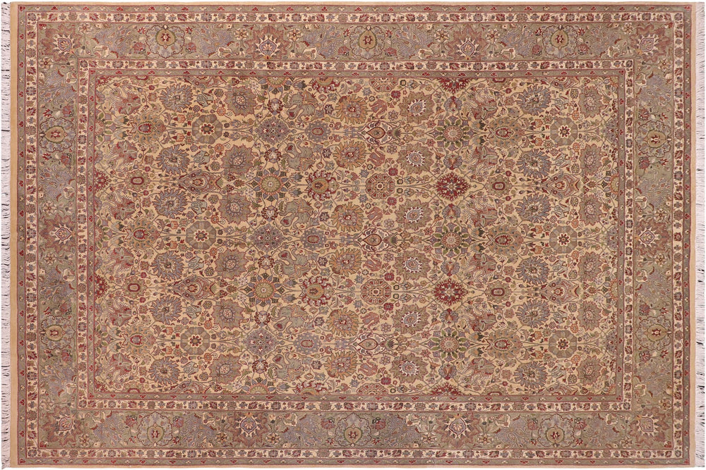 handmade Transitional Tabriz Gold Green Hand Knotted RECTANGLE 100% WOOL area rug 9x12