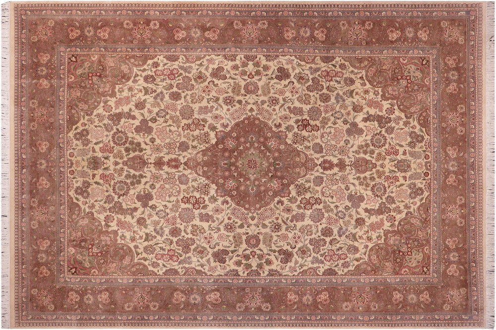 handmade Traditional Kashan Ivory Brown Hand Knotted RECTANGLE 100% WOOL area rug 9x12