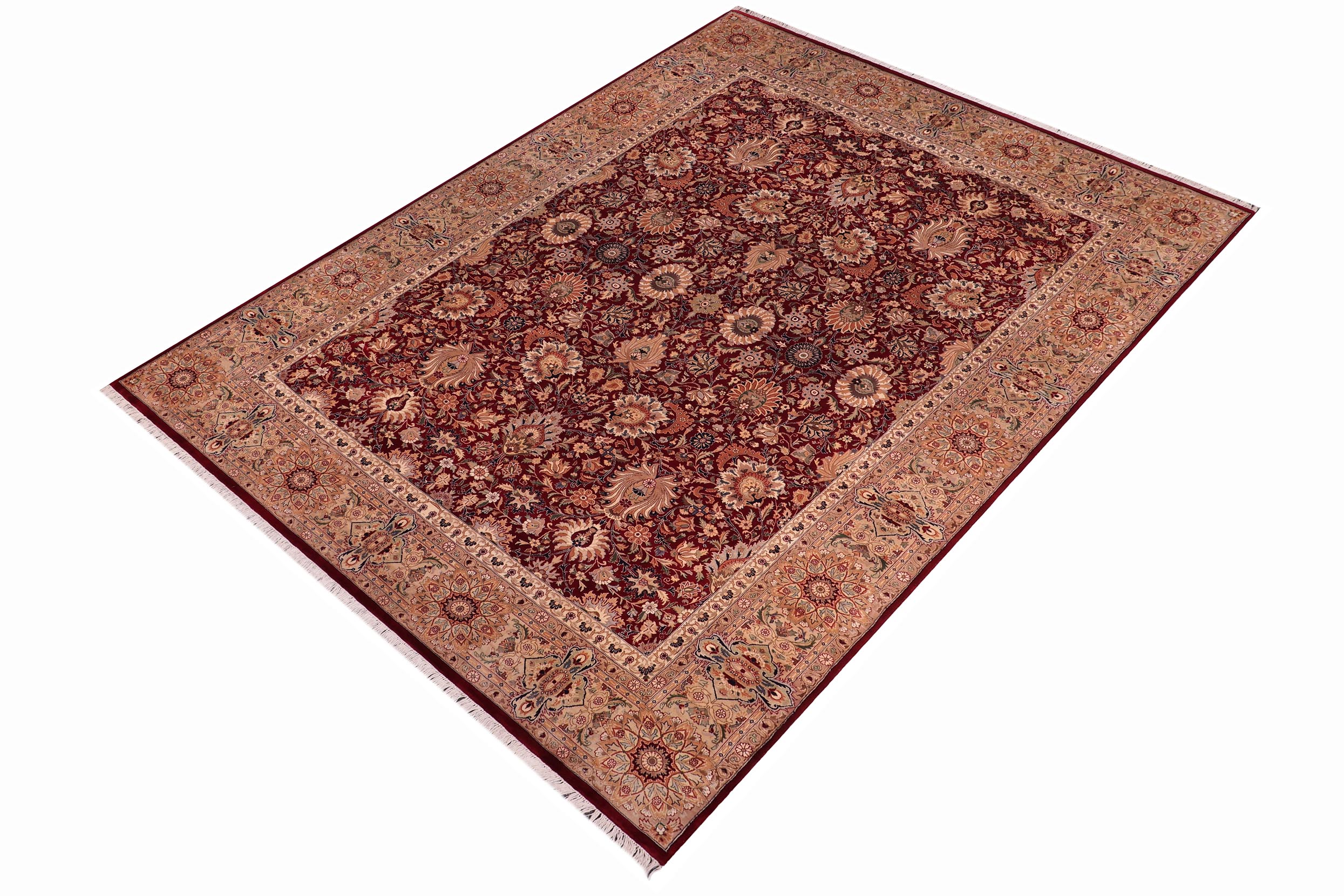 handmade Traditional Lahore Red Beige Hand Knotted RECTANGLE 100% WOOL area rug 9x13