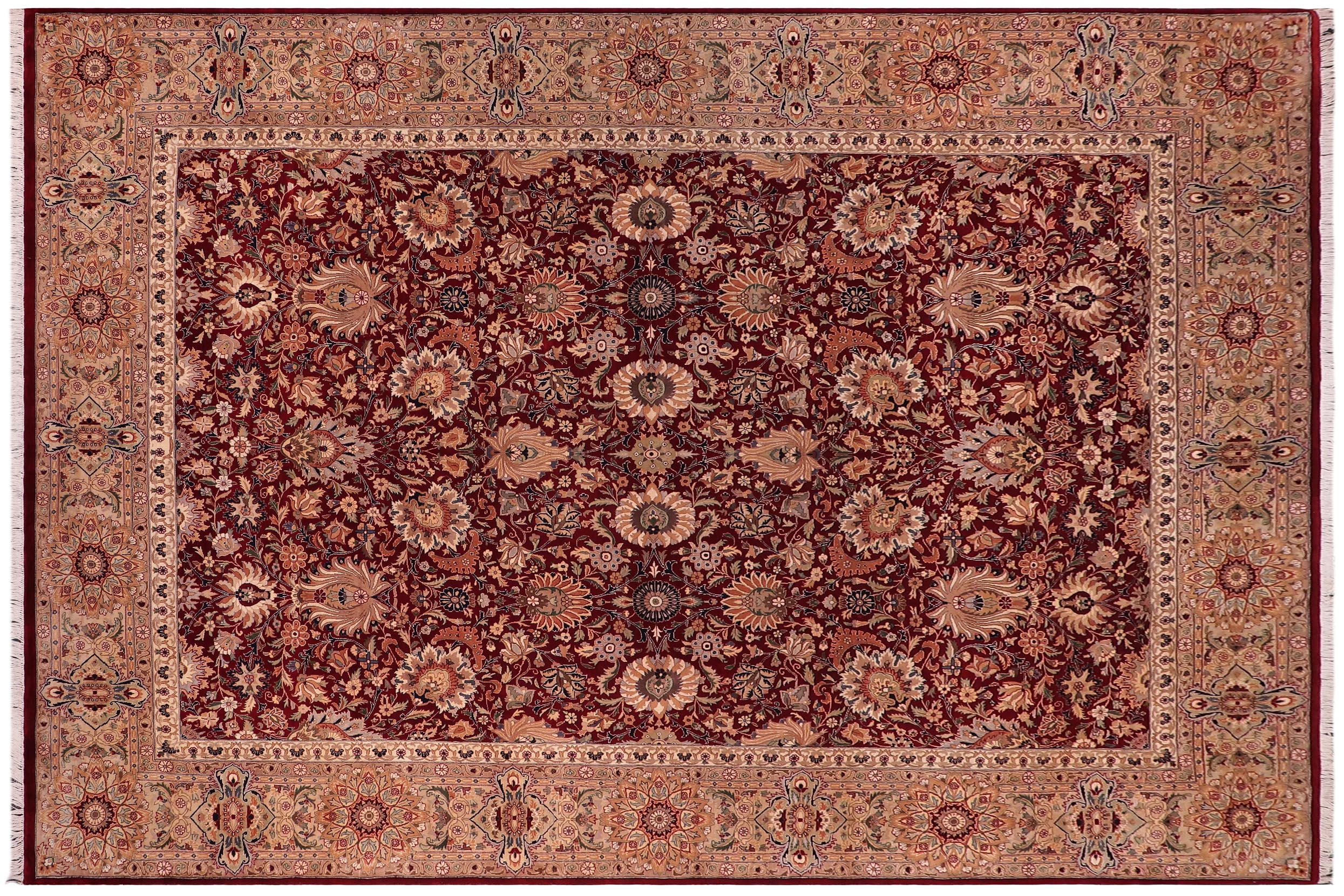 handmade Traditional Lahore Red Beige Hand Knotted RECTANGLE 100% WOOL area rug 9x13