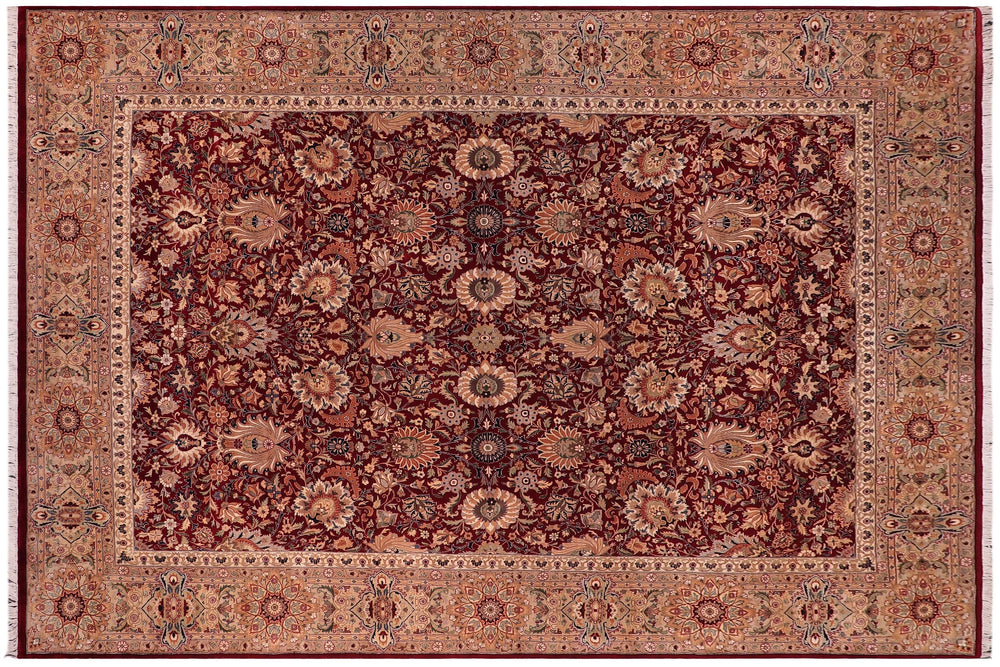 handmade Traditional Lahore Red Beige Hand Knotted RECTANGLE 100% WOOL area rug 9x13