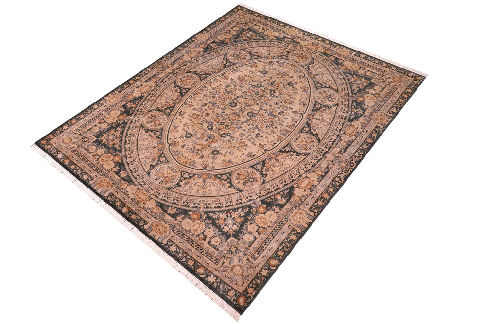 handmade Traditional Abusson Black Tan Hand Knotted RECTANGLE 100% WOOL area rug 9x12