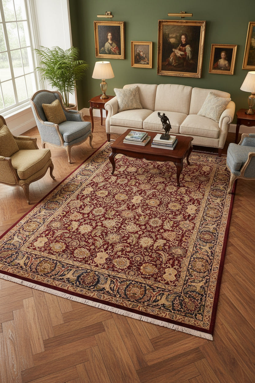handmade Traditional Agra Maroon Blue Hand Knotted RECTANGLE 100% WOOL area rug 9x12