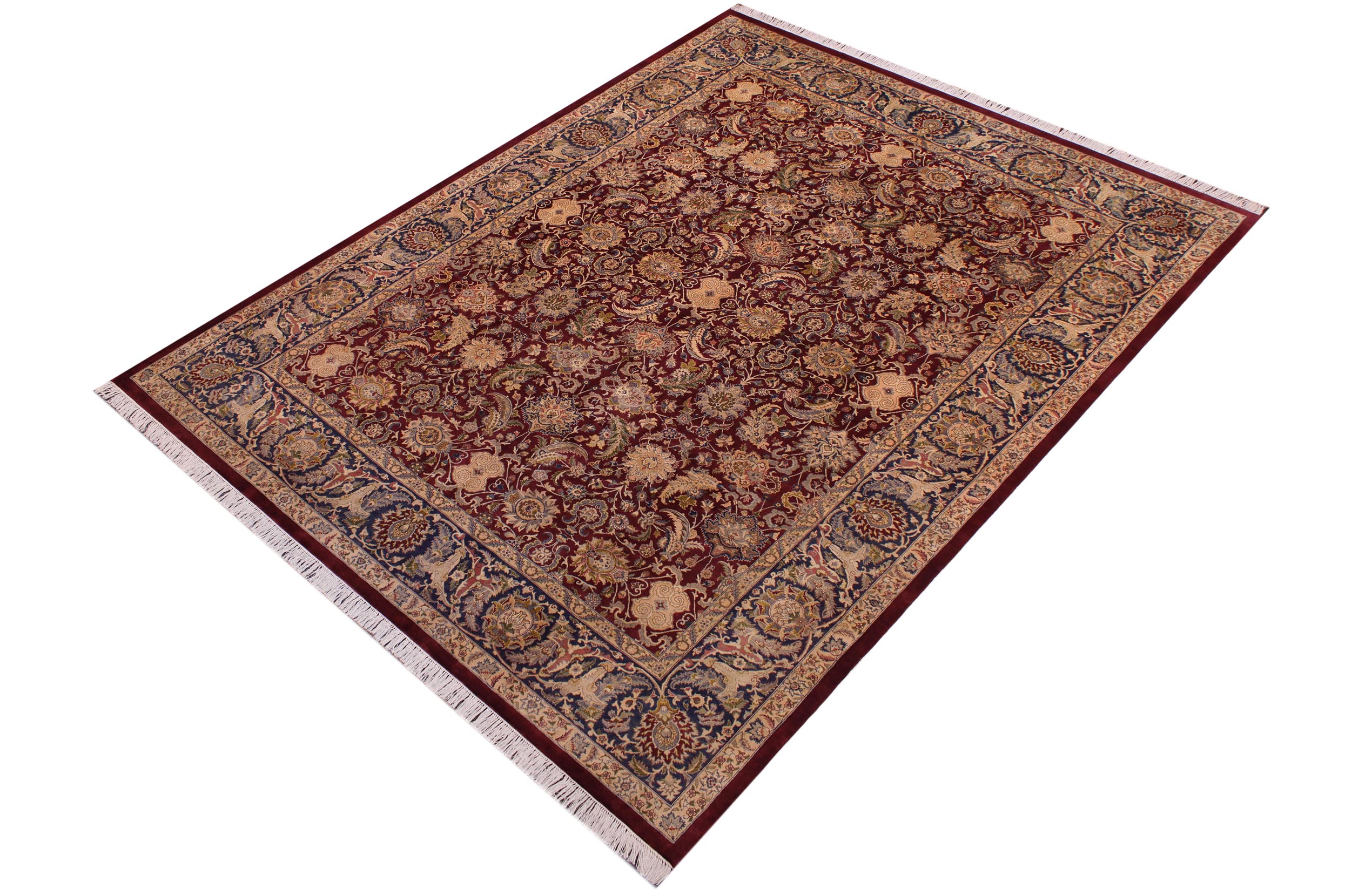 handmade Traditional Agra Maroon Blue Hand Knotted RECTANGLE 100% WOOL area rug 9x12