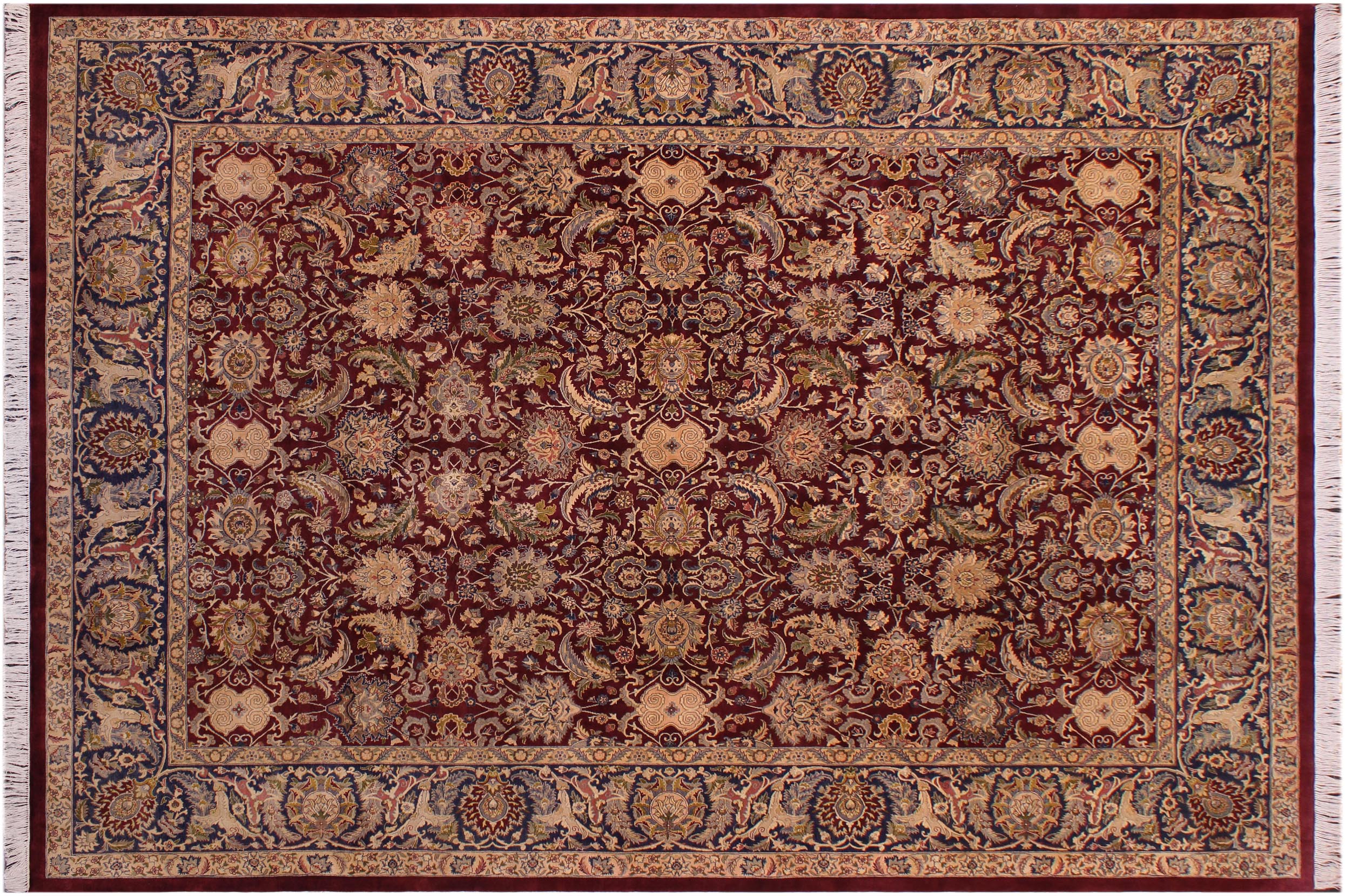 handmade Traditional Agra Maroon Blue Hand Knotted RECTANGLE 100% WOOL area rug 9x12
