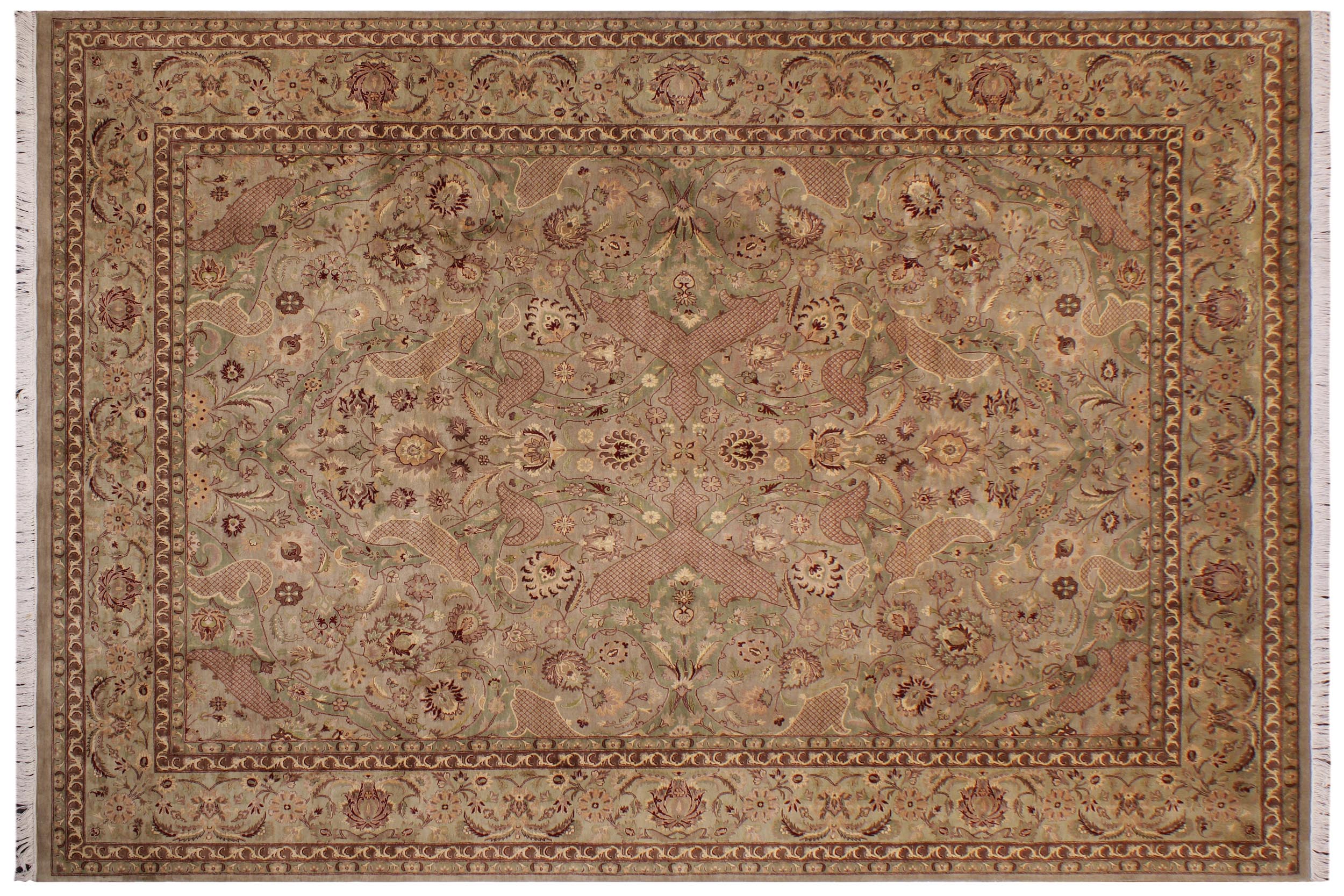 handmade Traditional Agra #2 Taupe Green Hand Knotted RECTANGLE 100% WOOL area rug 9x12