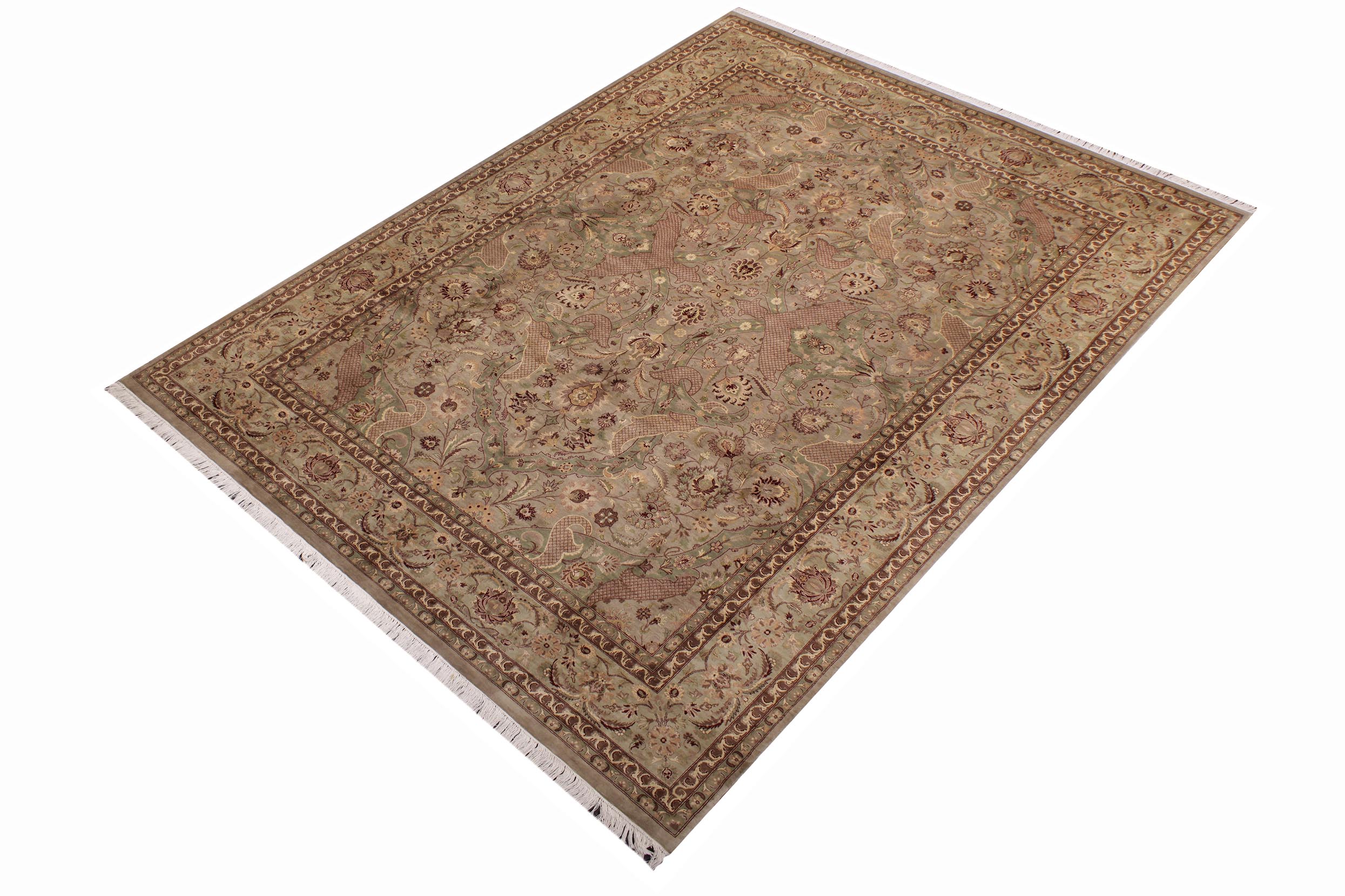 handmade Traditional Agra #2 Taupe Green Hand Knotted RECTANGLE 100% WOOL area rug 9x12