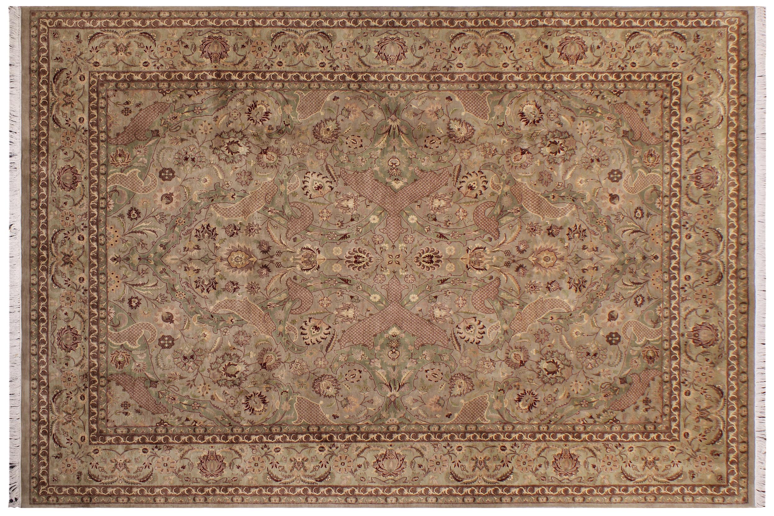 handmade Traditional Agra #2 Taupe Green Hand Knotted RECTANGLE 100% WOOL area rug 9x12