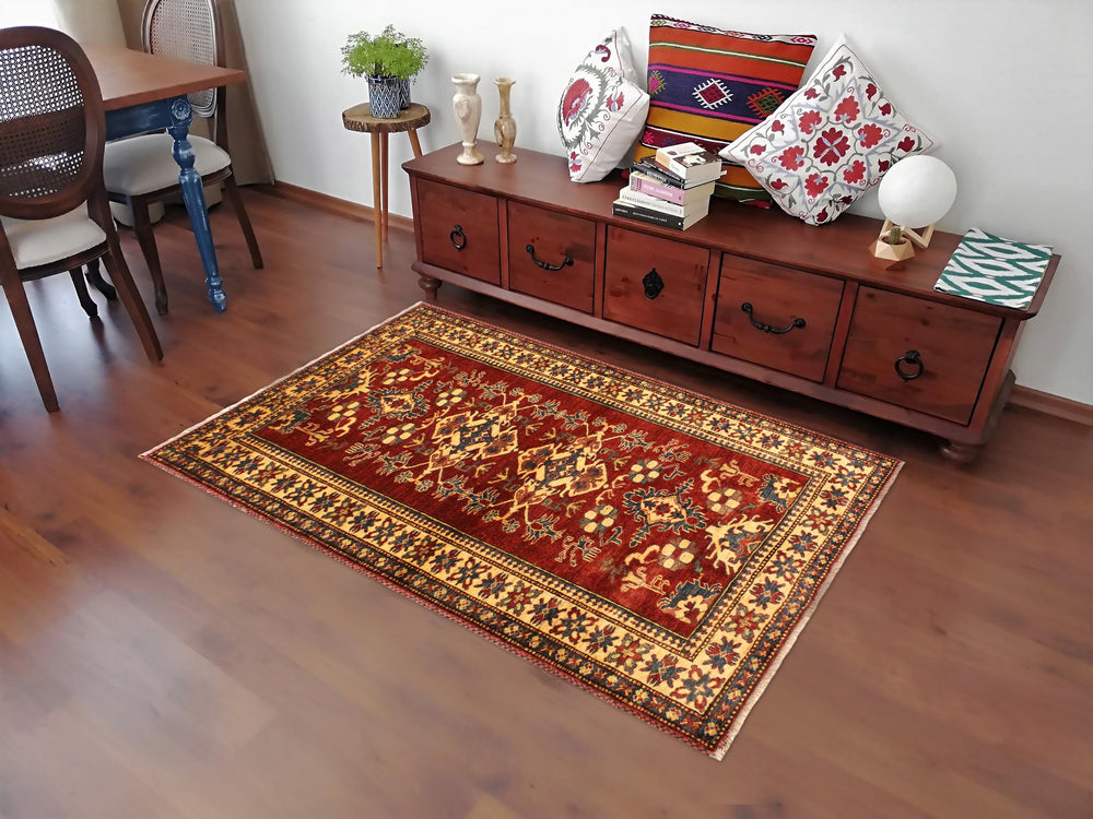 handmade Geometric Super Kazak Red Gold Hand Knotted RECTANGLE 100% WOOL area rug 4' x 6'