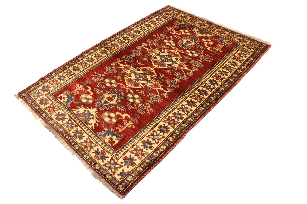 handmade Geometric Super Kazak Red Gold Hand Knotted RECTANGLE 100% WOOL area rug 4' x 6'