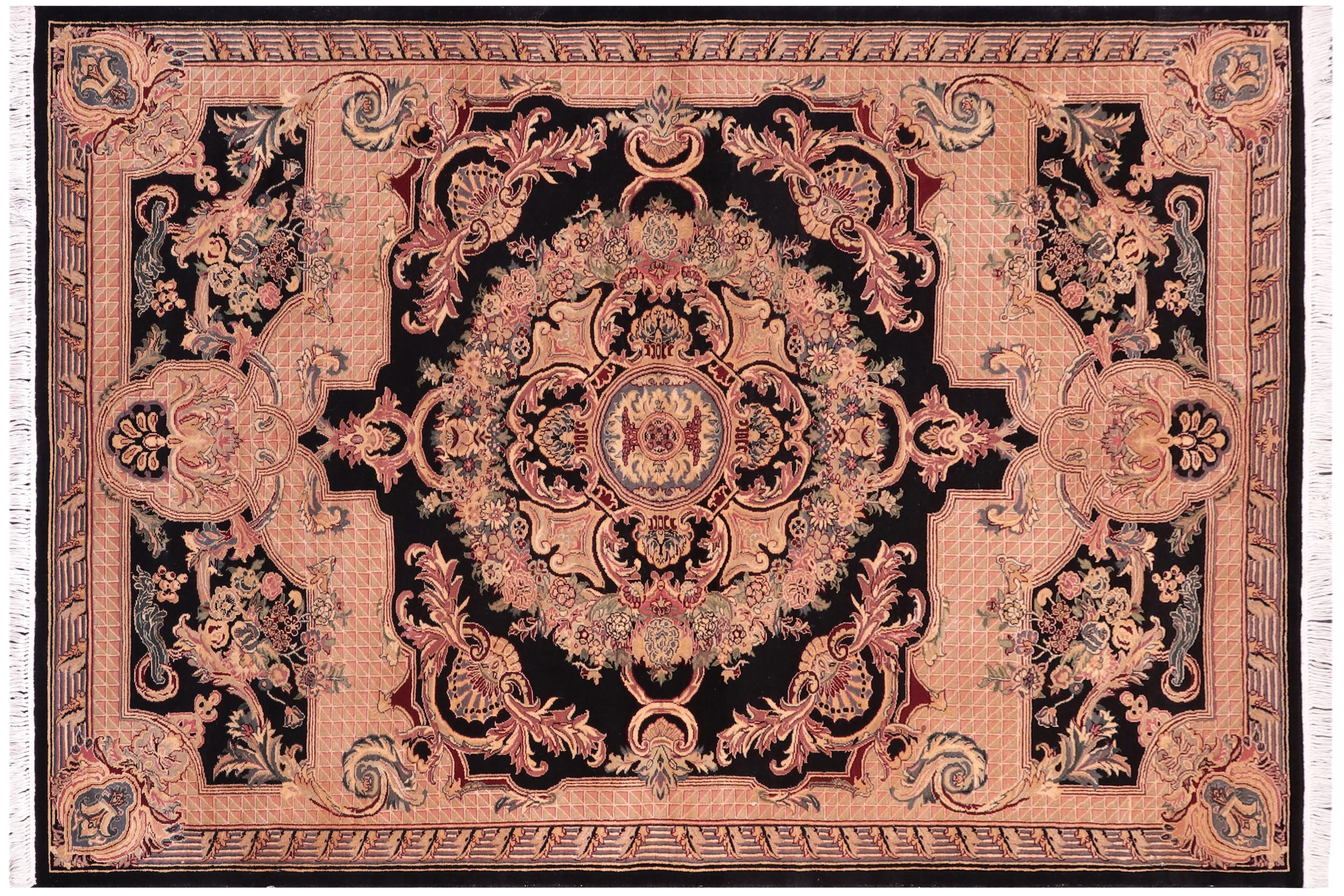 handmade Traditional Savonarrie Black Tan Hand Knotted RECTANGLE 100% WOOL area rug 5x7