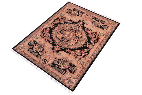handmade Traditional Savonarrie Black Tan Hand Knotted RECTANGLE 100% WOOL area rug 5x7