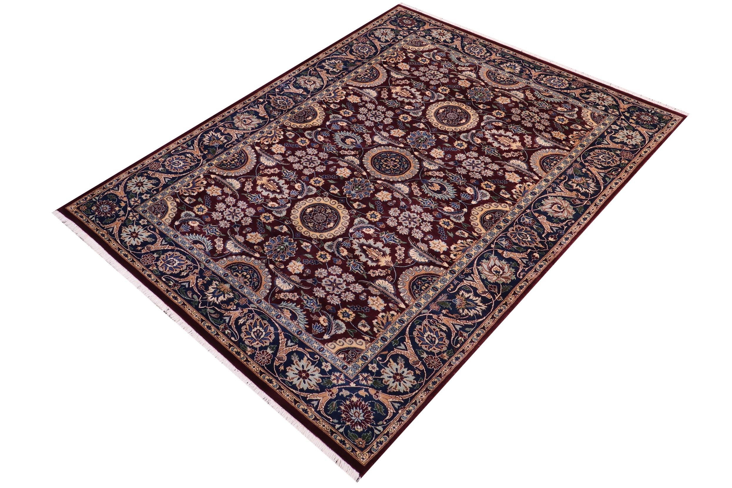 handmade Transitional Agra Tabriz Maroon Blue Hand Knotted RECTANGLE 100% WOOL area rug 5x7