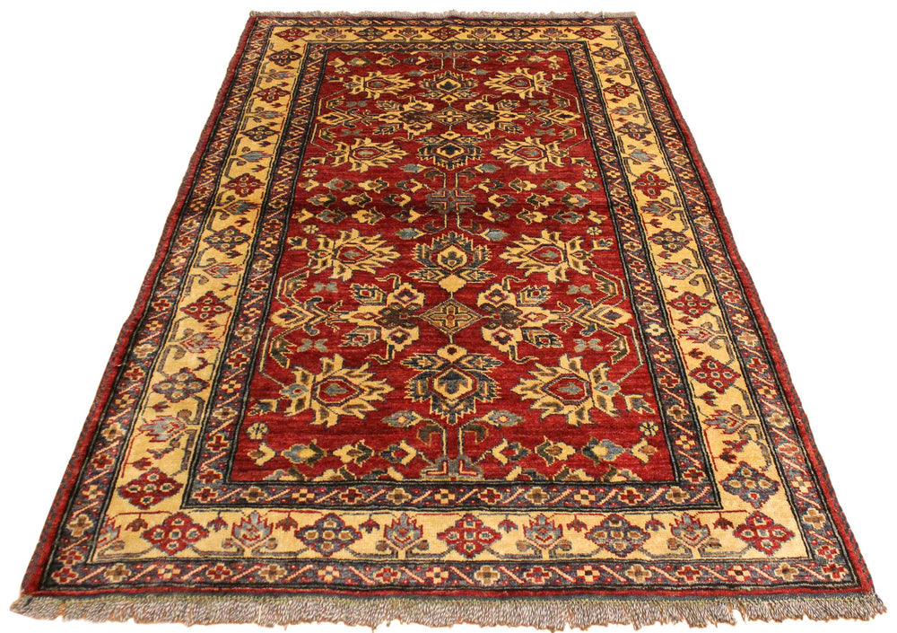 handmade Geometric Super Kazak Red Gold Hand Knotted RECTANGLE 100% WOOL area rug 4' x 5'