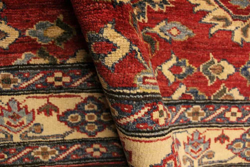 handmade Geometric Super Kazak Red Gold Hand Knotted RECTANGLE 100% WOOL area rug 4' x 5'