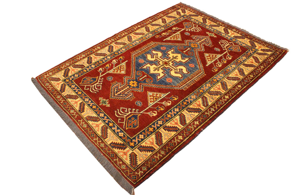 handmade Geometric Super Kazak Rust Tan Hand Knotted RECTANGLE 100% WOOL area rug 4' x 5'