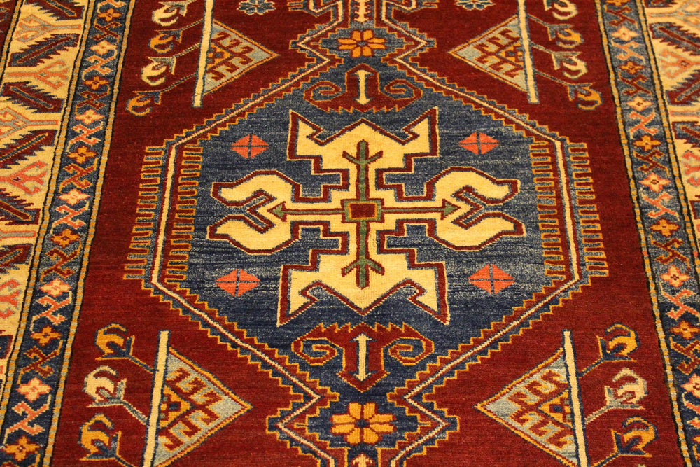 handmade Geometric Super Kazak Rust Tan Hand Knotted RECTANGLE 100% WOOL area rug 4' x 5'