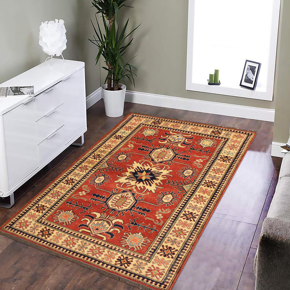 handmade Geometric Super Kazak Rust Beige Hand Knotted RECTANGLE 100% WOOL area rug 4' x 6'