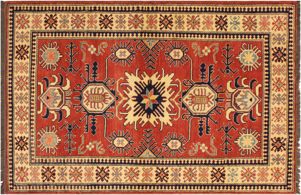 handmade Geometric Super Kazak Rust Beige Hand Knotted RECTANGLE 100% WOOL area rug 4' x 6'