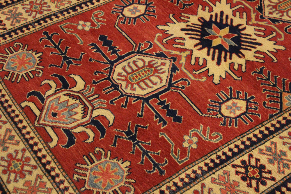 handmade Geometric Super Kazak Rust Beige Hand Knotted RECTANGLE 100% WOOL area rug 4' x 6'