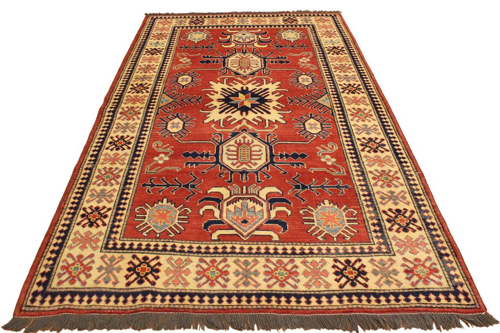handmade Geometric Super Kazak Rust Beige Hand Knotted RECTANGLE 100% WOOL area rug 4 x 6