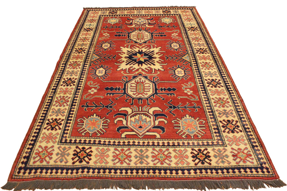 handmade Geometric Super Kazak Rust Beige Hand Knotted RECTANGLE 100% WOOL area rug 4' x 6'