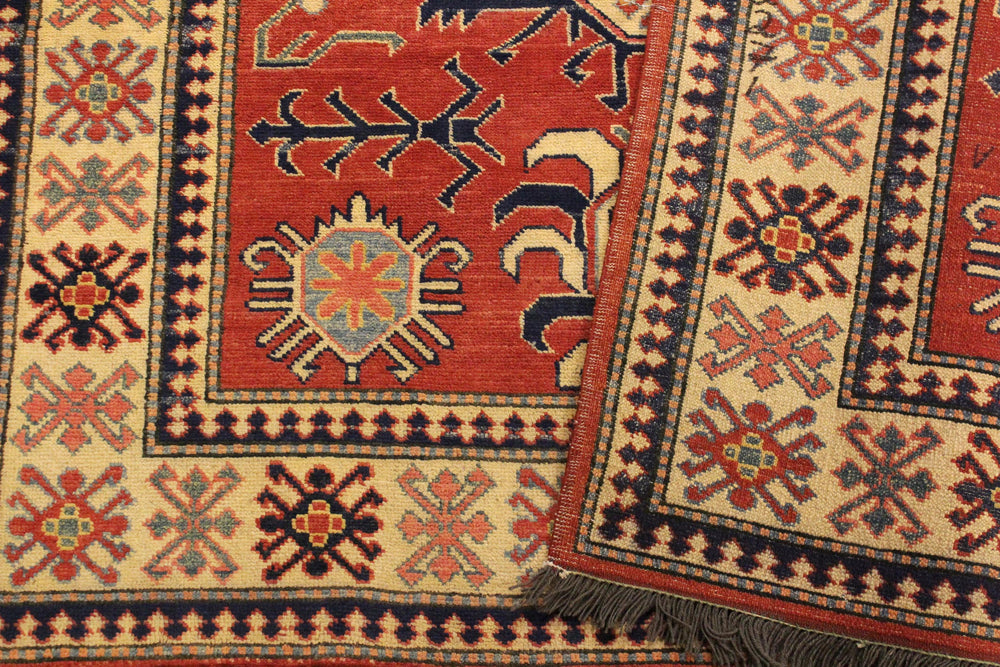 handmade Geometric Super Kazak Rust Beige Hand Knotted RECTANGLE 100% WOOL area rug 4' x 6'