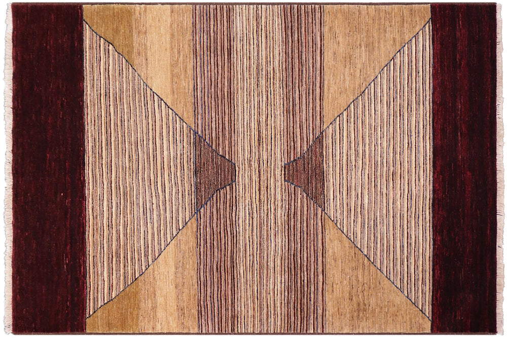handmade Modern Gabbeh Red Brown Hand Knotted RECTANGLE 100% WOOL area rug 5' x 7'