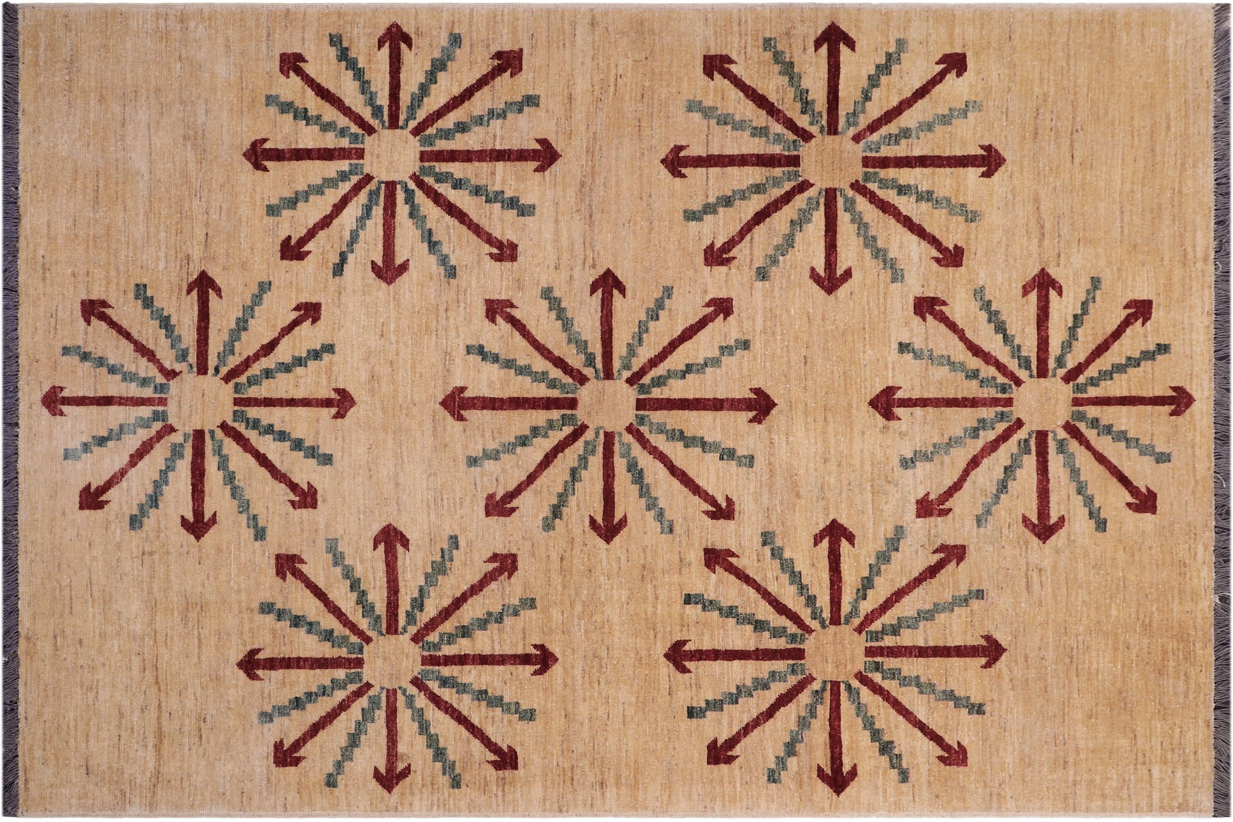 handmade Modern Kafkaz Tan Red Hand Knotted RECTANGLE 100% WOOL area rug 5' x 7'