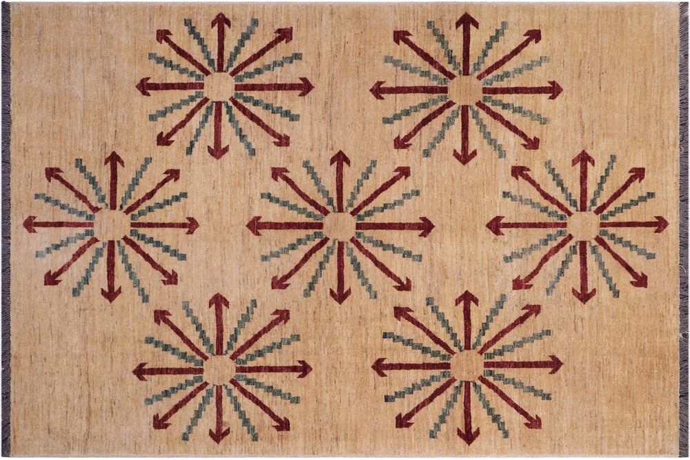 handmade Modern Kafkaz Tan Red Hand Knotted RECTANGLE 100% WOOL area rug 5' x 7'
