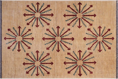 handmade Modern Kafkaz Tan Red Hand Knotted RECTANGLE 100% WOOL area rug 5' x 7'