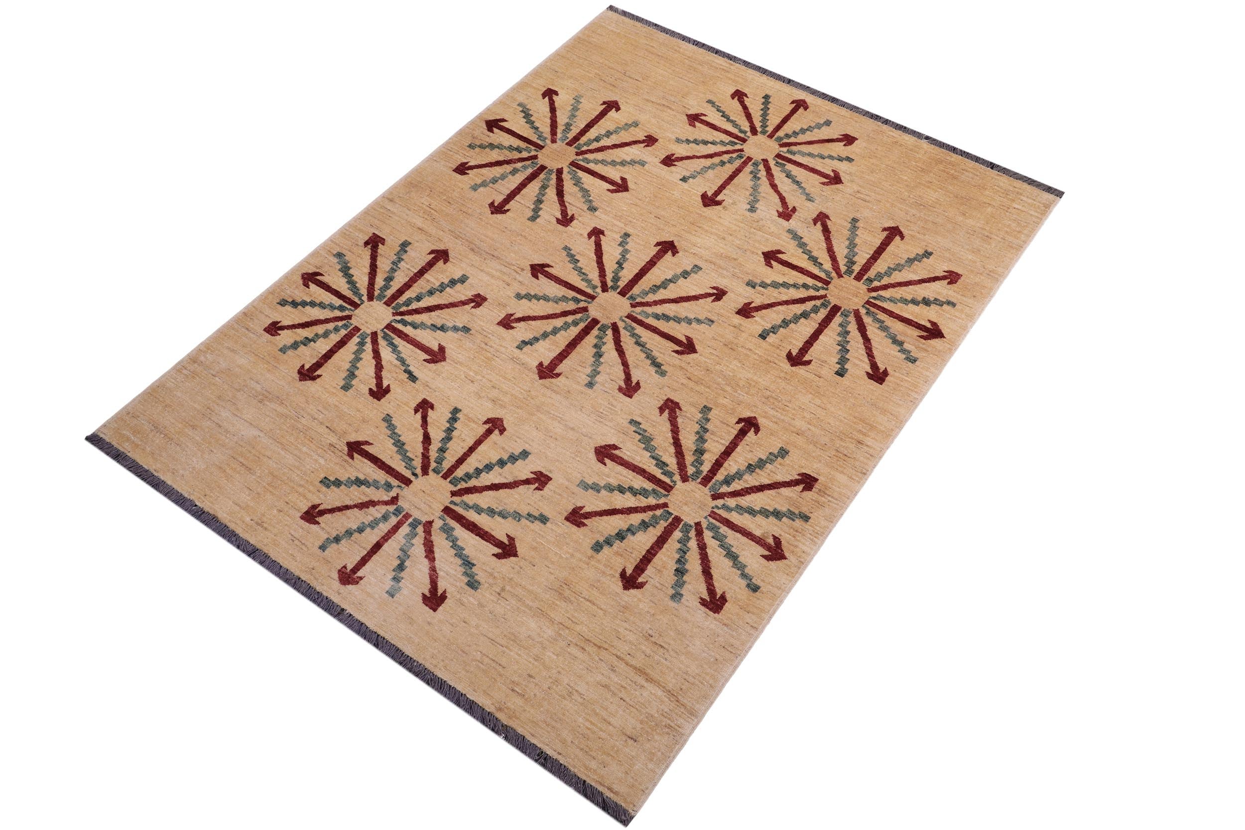handmade Modern Kafkaz Tan Red Hand Knotted RECTANGLE 100% WOOL area rug 5' x 7'