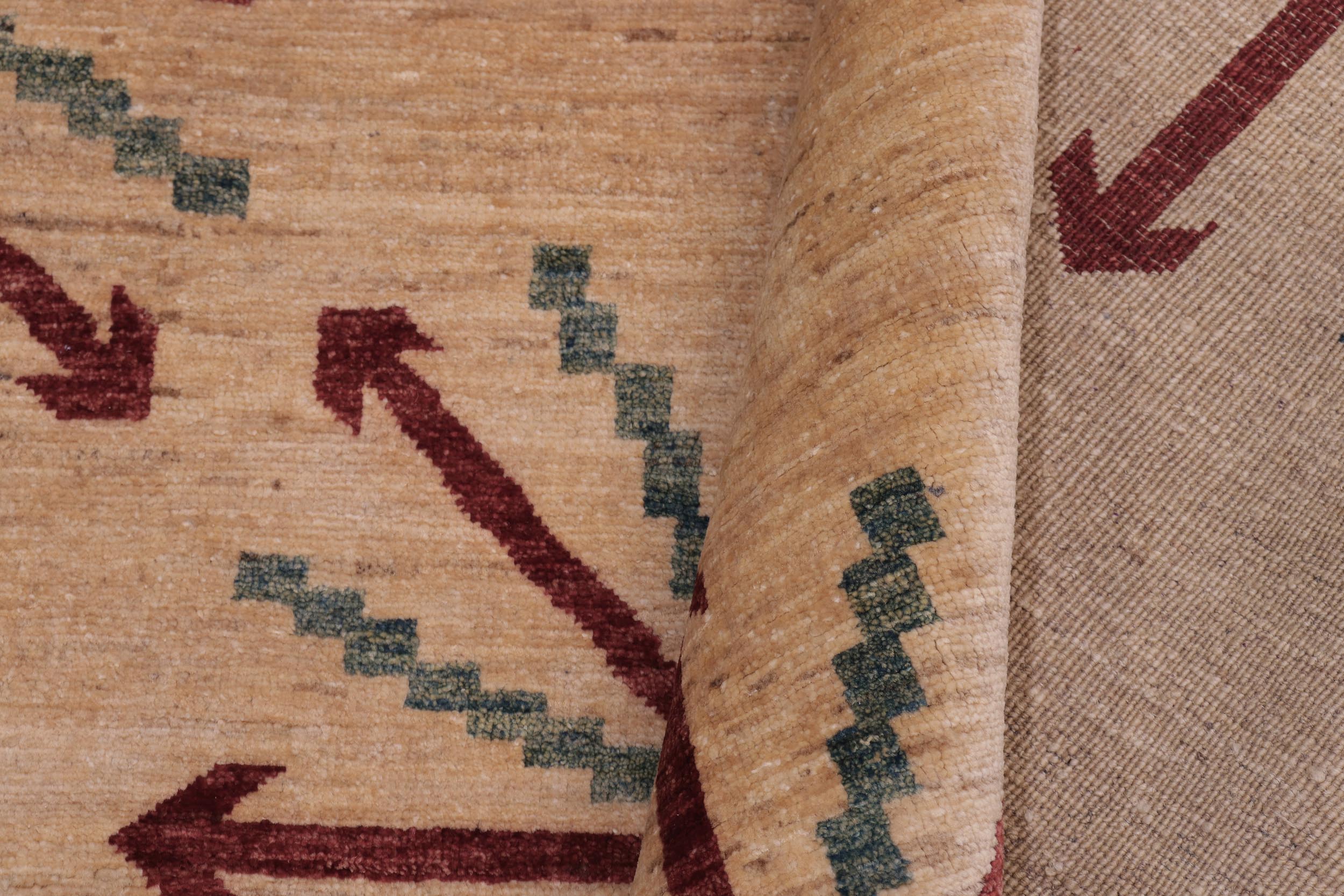 handmade Modern Kafkaz Tan Red Hand Knotted RECTANGLE 100% WOOL area rug 5' x 7'