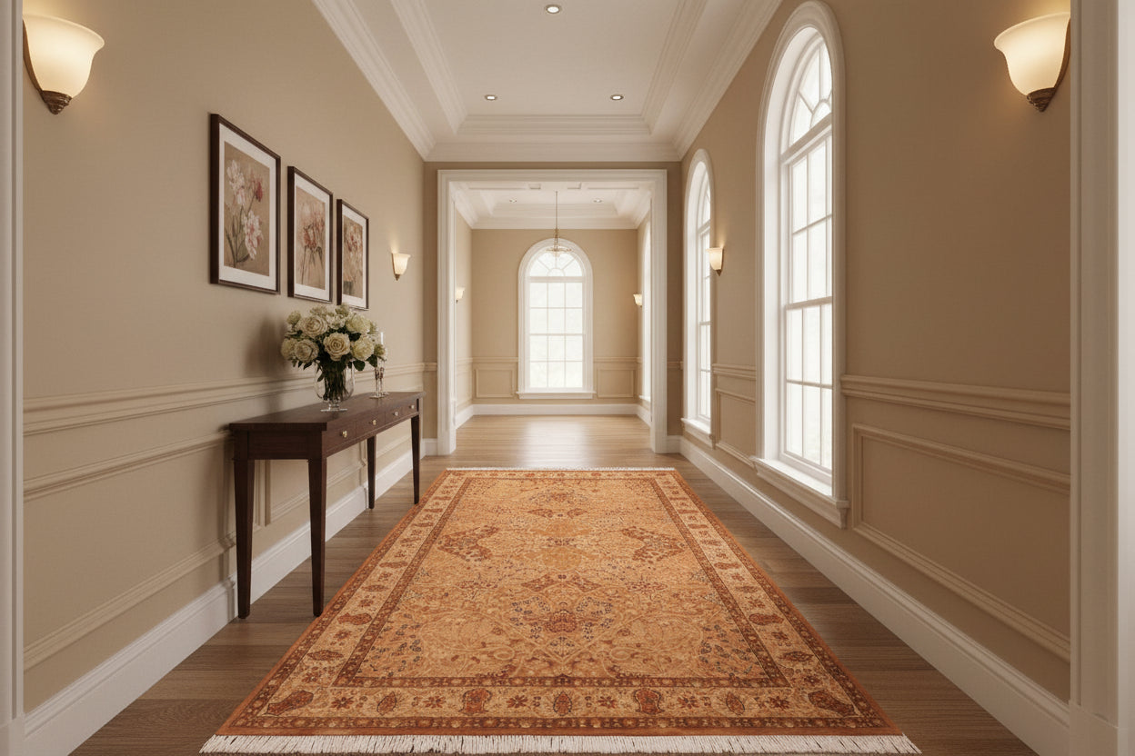 handmade Traditional New Wahid Gold Beige Hand Knotted RECTANGLE 100% WOOL area rug 5x7