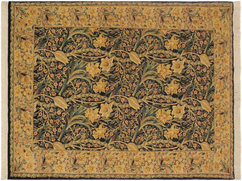 handmade Traditional Dafodils Blue Taupe Hand Knotted RECTANGLE 100% WOOL area rug 4x6