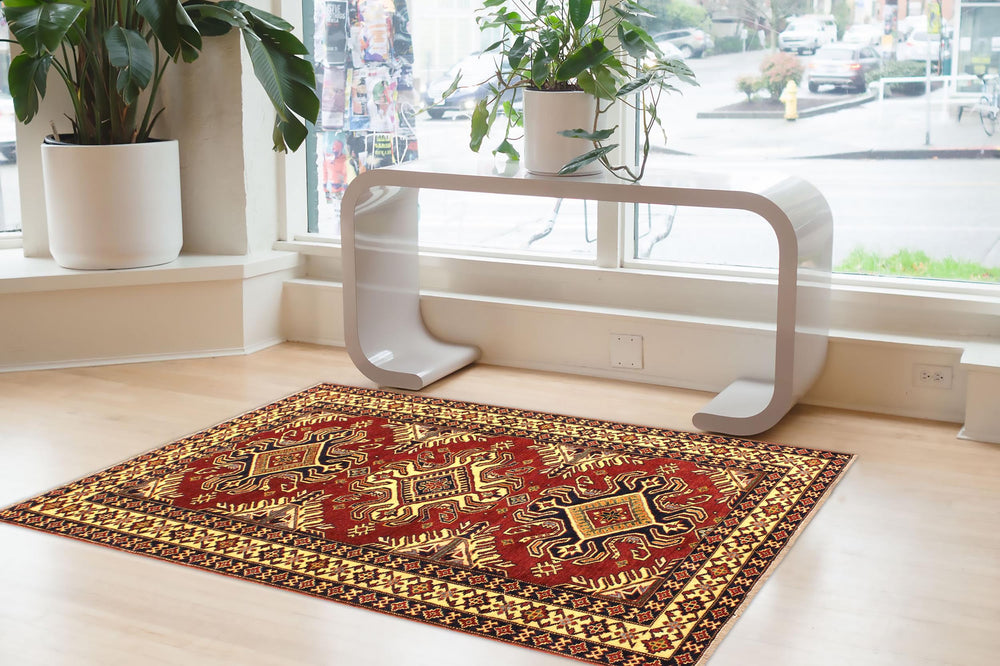 handmade Geometric Super Kazak Red Beige Hand Knotted RECTANGLE 100% WOOL area rug 4' x 6'
