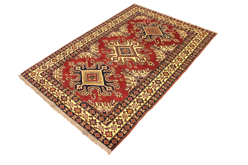 handmade Geometric Super Kazak Red Beige Hand Knotted RECTANGLE 100% WOOL area rug 4' x 6'
