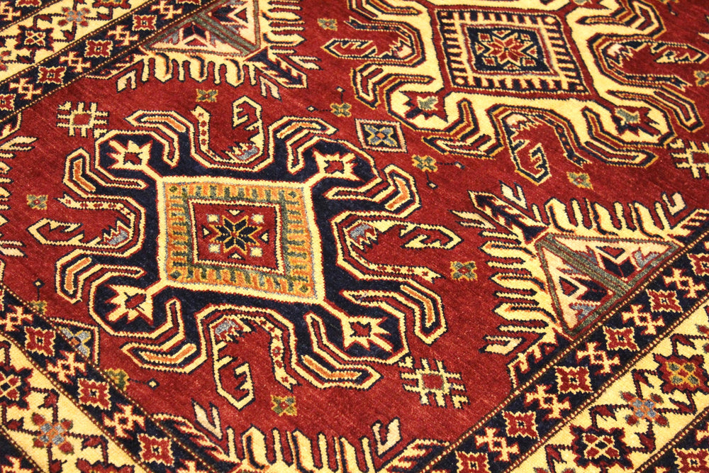 handmade Geometric Super Kazak Red Beige Hand Knotted RECTANGLE 100% WOOL area rug 4' x 6'