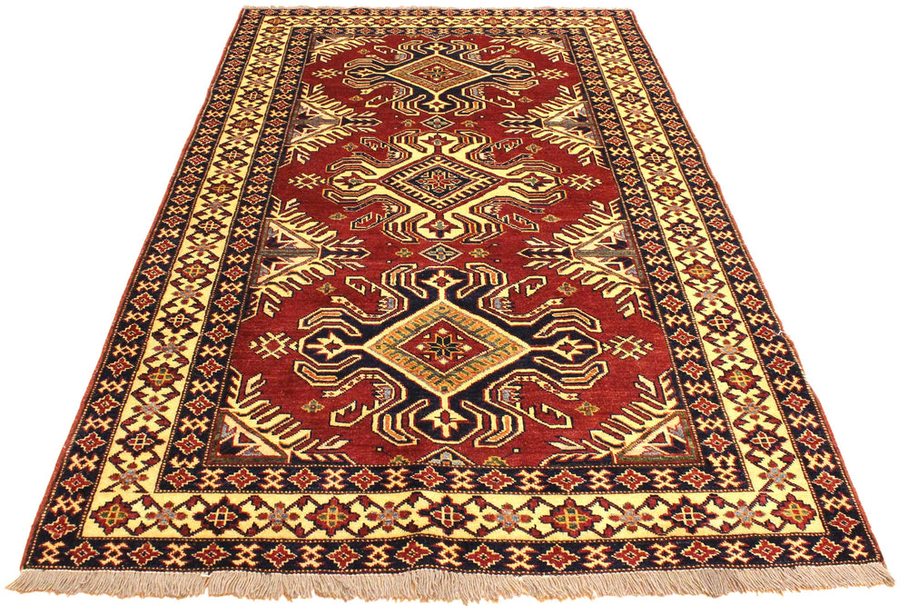 handmade Geometric Super Kazak Red Beige Hand Knotted RECTANGLE 100% WOOL area rug 4' x 6'