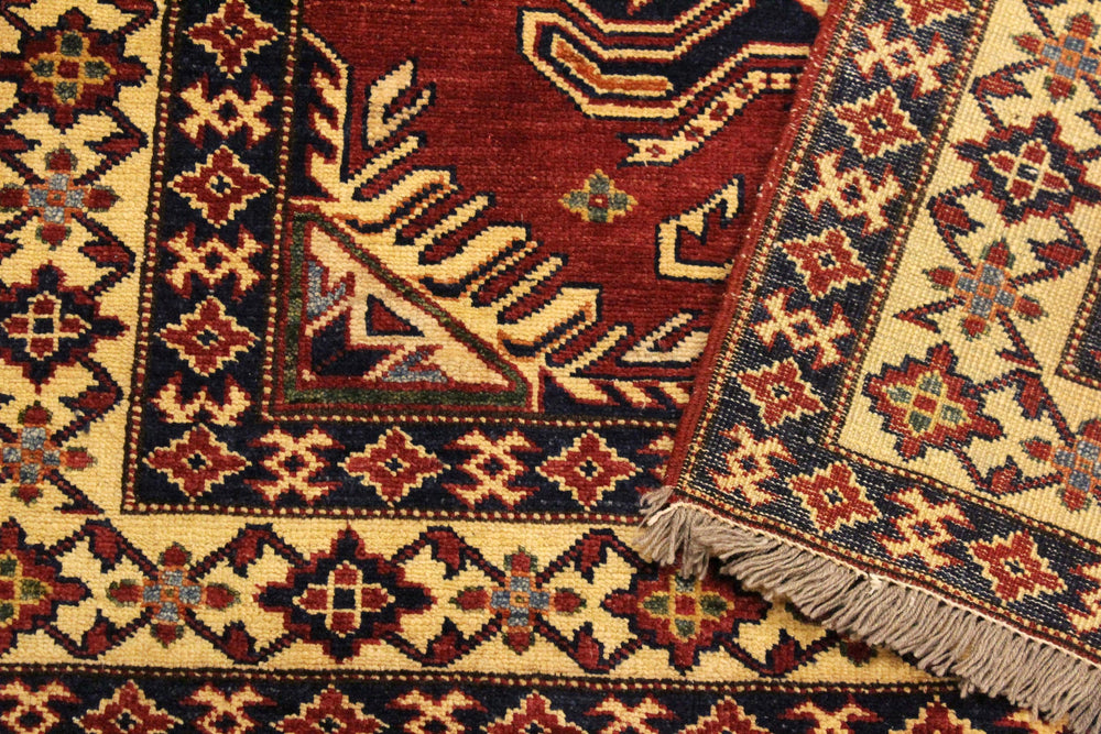 handmade Geometric Super Kazak Red Beige Hand Knotted RECTANGLE 100% WOOL area rug 4' x 6'