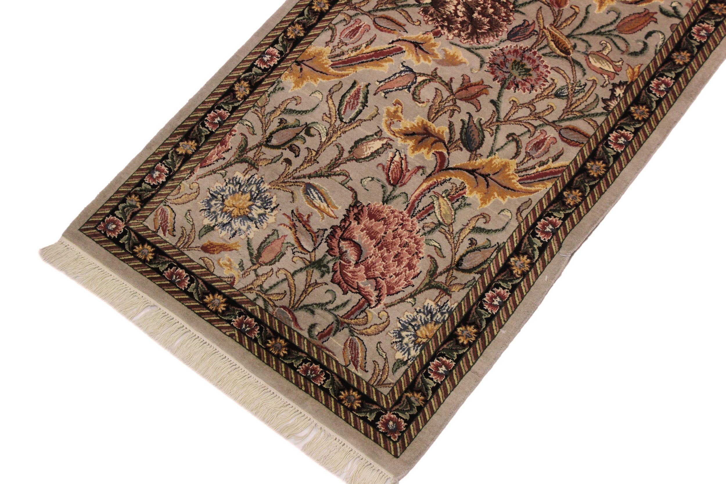 handmade Traditional Kamal Taupe Black Hand Knotted RUNNER 100% WOOL area rug 3' x 8'