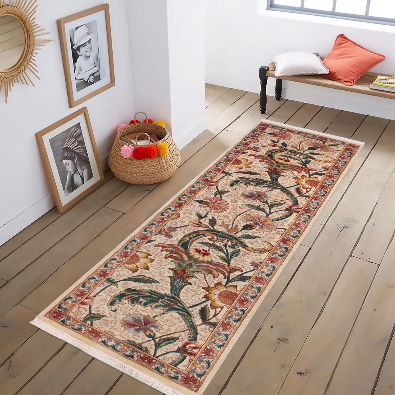 handmade Traditional Azeem Beige Gold Hand Knotted RUNNER 100% WOOL area rug 2' x 8'