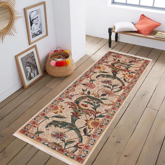 handmade Traditional Azeem Beige Gold Hand Knotted RUNNER 100% WOOL area rug 2' x 8'