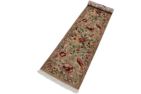 handmade Traditional Nawazish Taupe Green Hand Knotted RUNNER 100% WOOL area rug 2' x 12'