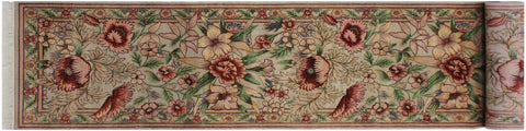 handmade Traditional Nawazish Taupe Green Hand Knotted RUNNER 100% WOOL area rug 2' x 12'