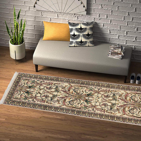 handmade Traditional Bhati Beige Green Hand Knotted RUNNER 100% WOOL area rug 3' x 12'