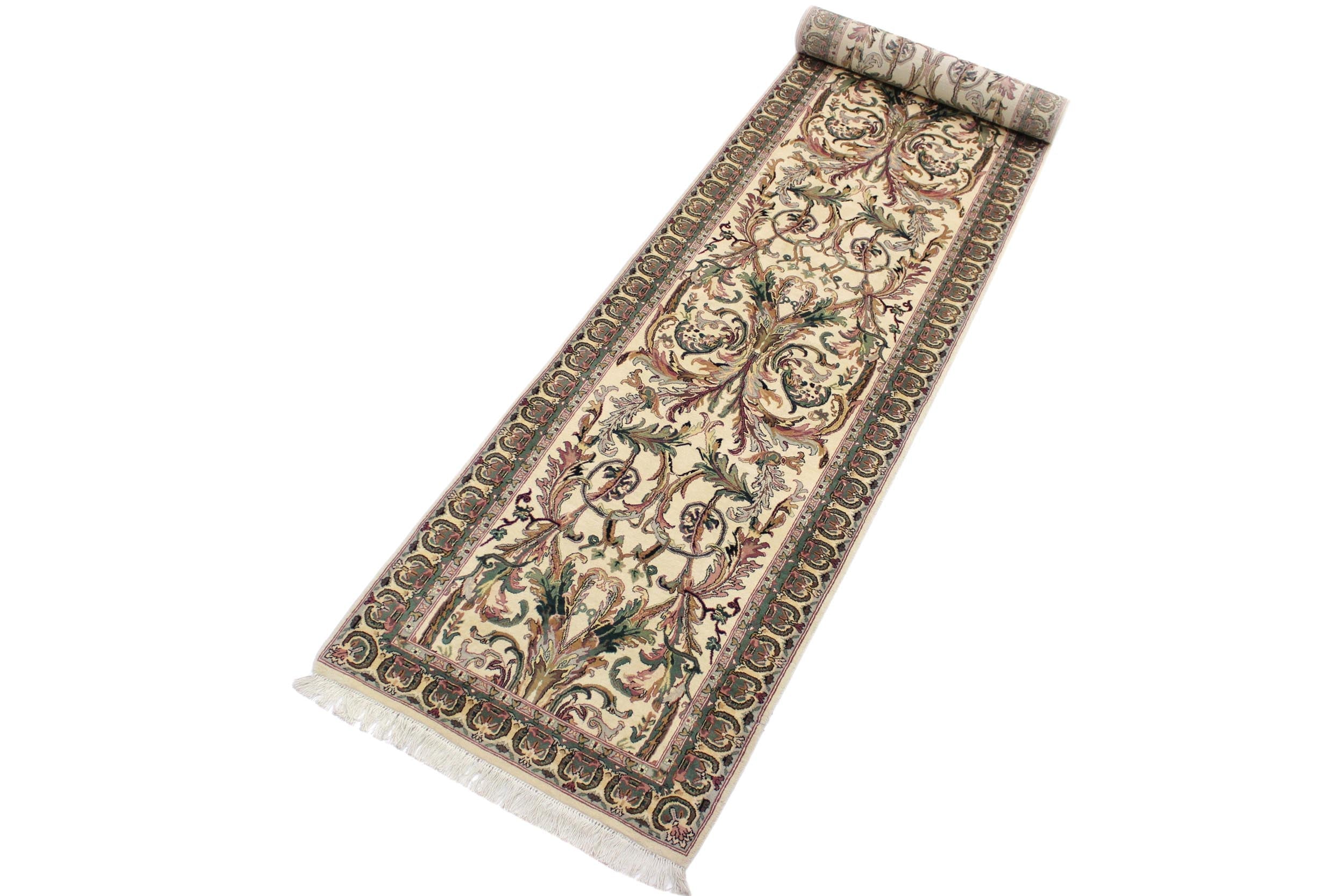 handmade Traditional Bhati Beige Green Hand Knotted RUNNER 100% WOOL area rug 3' x 12'