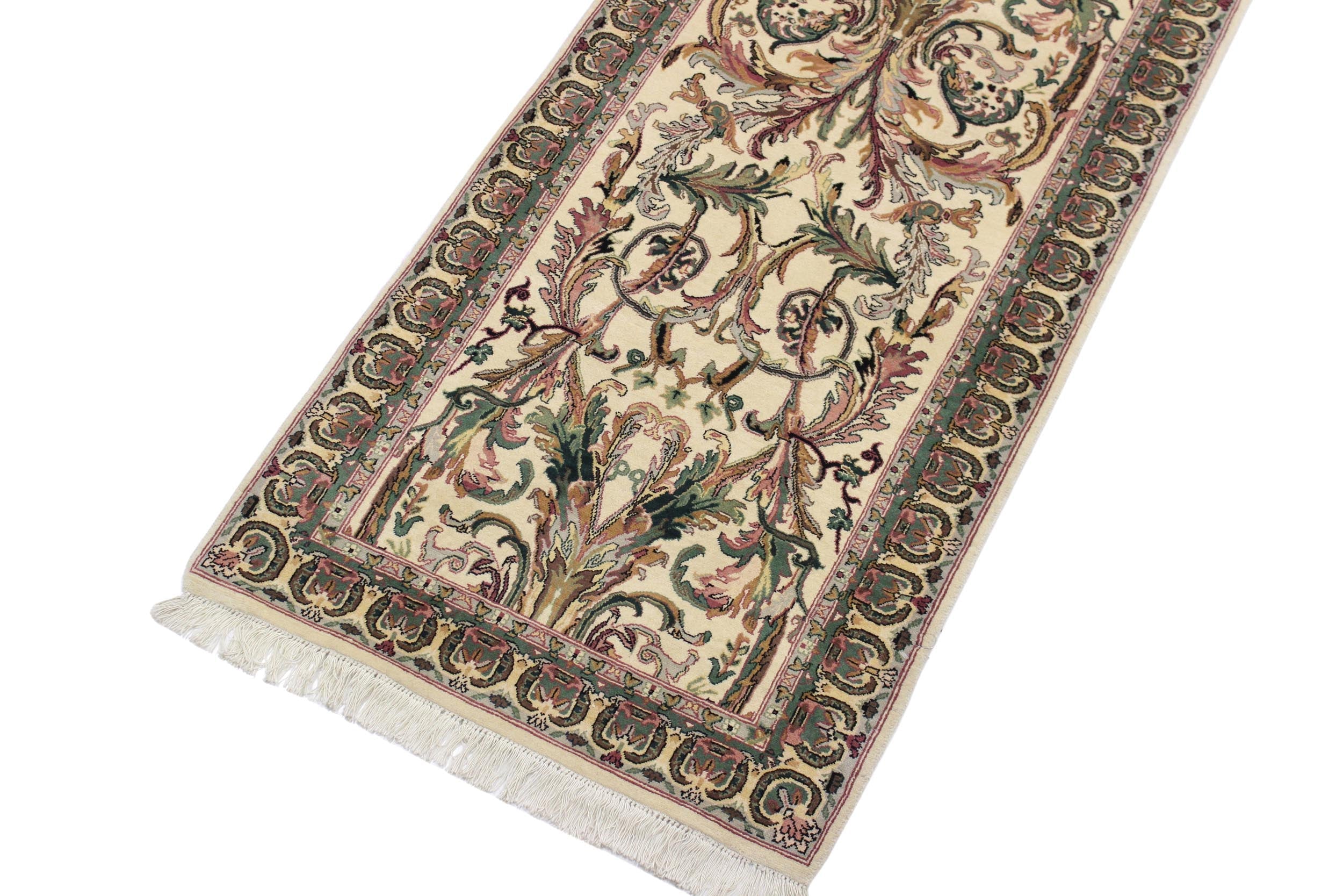 handmade Traditional Bhati Beige Green Hand Knotted RUNNER 100% WOOL area rug 3' x 12'